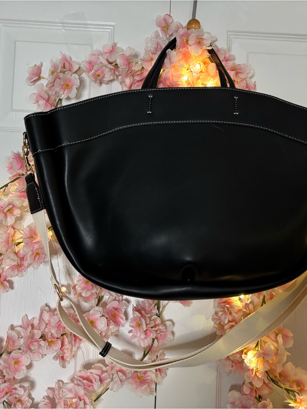 Classic Black Faux Leather Tote Bag with Cream Strap